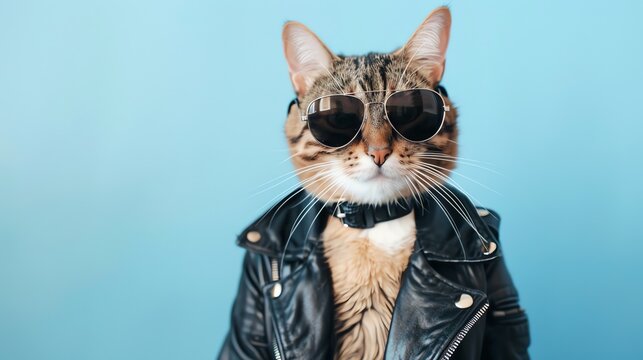 A cool cat wearing sunglasses and a leather jacket is looking at the camera with a confident expression.