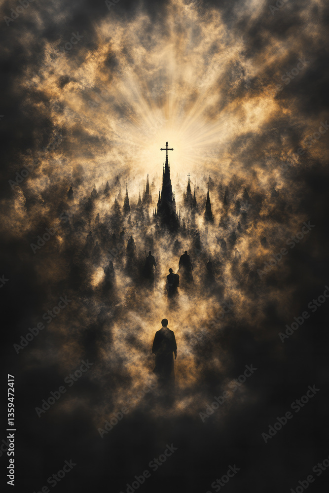 Poster A dreamlike composition where sunrays are threads, pulling in figures of mist, merging them into