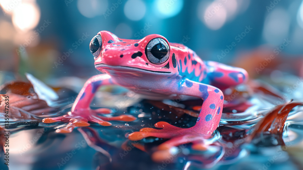 Poster a surreal portrait of a poison dart frog surrounded by floating leaves and fading fragments of its