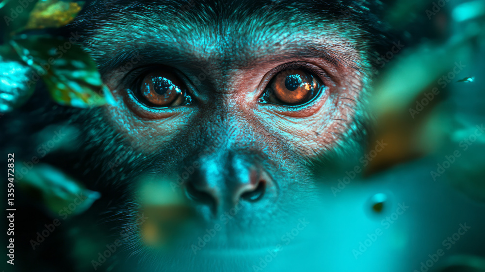 Poster a surreal portrait of a capuchin monkey surrounded by floating leaves and fading fragments of its