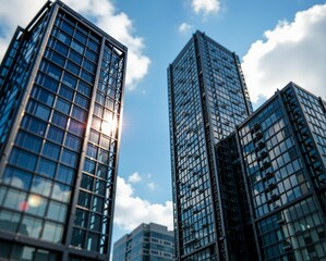 Obraz premium A striking view of modern skyscrapers against a bright blue sky, showcasing reflective glass facades and contemporary architectural design.