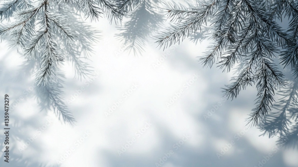 Poster on a tranquil winter morning, soft light filters through delicate pine branches, creating a beautifu