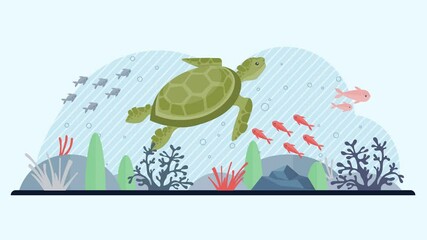 Illustration of a turtle swimming gracefully through a coral reef, accompanied by colorful fish. This vibrant scene highlights the importance of marine conservation and the beauty of ocean life.