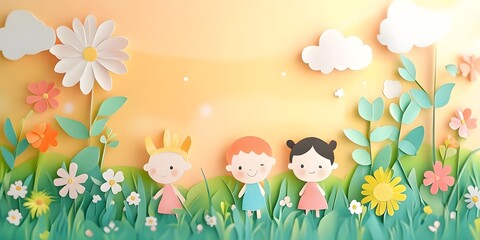Playful children in a colorful meadow joyful scene nature bright day whimsical artwork
