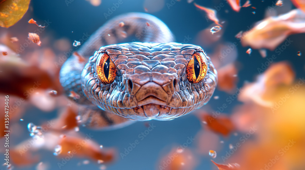 Poster a surreal portrait of a bushmaster snake surrounded by floating leaves and fading fragments of its