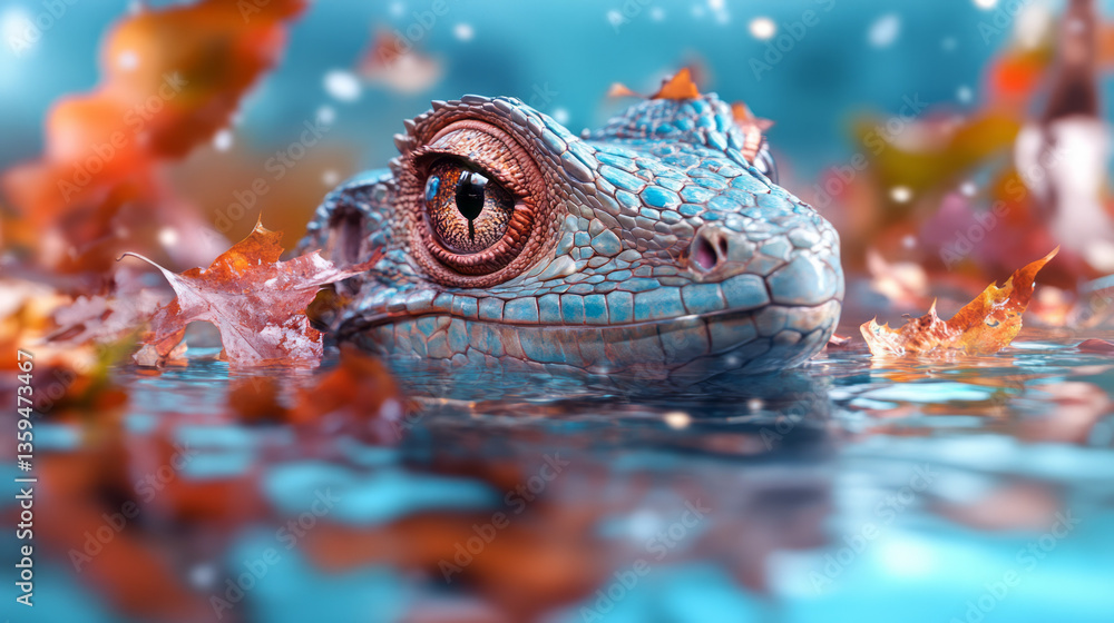 Poster a surreal portrait of a basilisk lizard surrounded by floating leaves and fading fragments of its