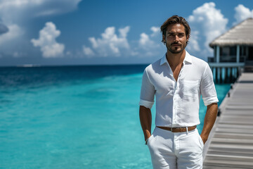Fototapeta premium Handsome Man Posing On Wooden Pier Overlooking Turquoise Water with Blue Sky in Bright Sunlight