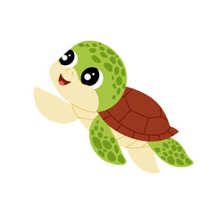 Cartoon green turtle. Sea baby turtle. Flat illustration of marine animal on white background.