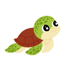 Sea baby turtle. Cartoon green turtle. Flat illustration of marine animal on white background.