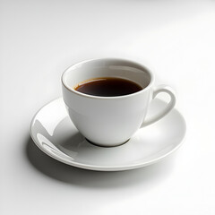 Minimalist White Coffee Cup with Black Coffee on Saucer – Classic Morning Drink, Caffeine Boost and Elegant Beverage on white background.