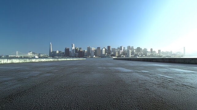 A vast, empty urban floor, its textured surface leading to a vibrant city skyline filled with modern architecture, the clear blue sky enhancing the scene clarity, ideal for a car backplate 