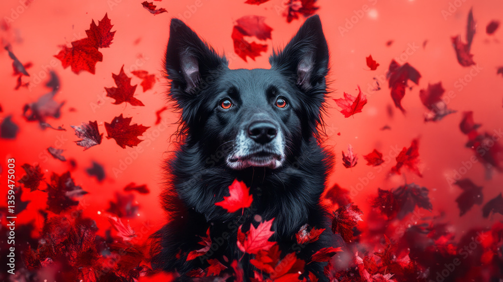 Poster a surreal portrait of a sheepdog surrounded by floating leaves and fading fragments of its rolling