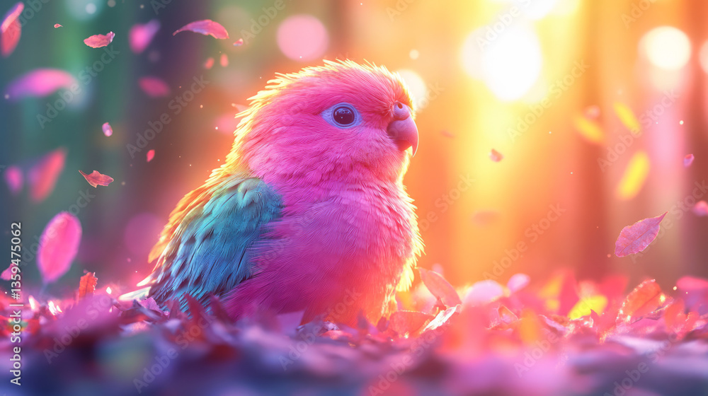 Poster a surreal portrait of a parakeet surrounded by floating leaves and fading fragments of its colorful