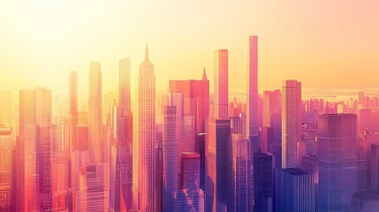 Abstract city skyline background, combining soft gradients and bold angular lines to depict urban architecture, with warm tones transitioning to cool shades 