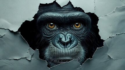 Fototapeta premium Gorilla peering through torn wall with intense gaze and expressive features