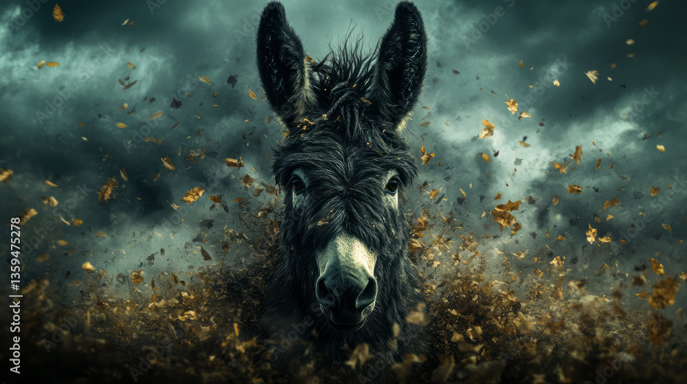 Poster a surreal portrait of a donkey surrounded by floating leaves and fading fragments of its dusty