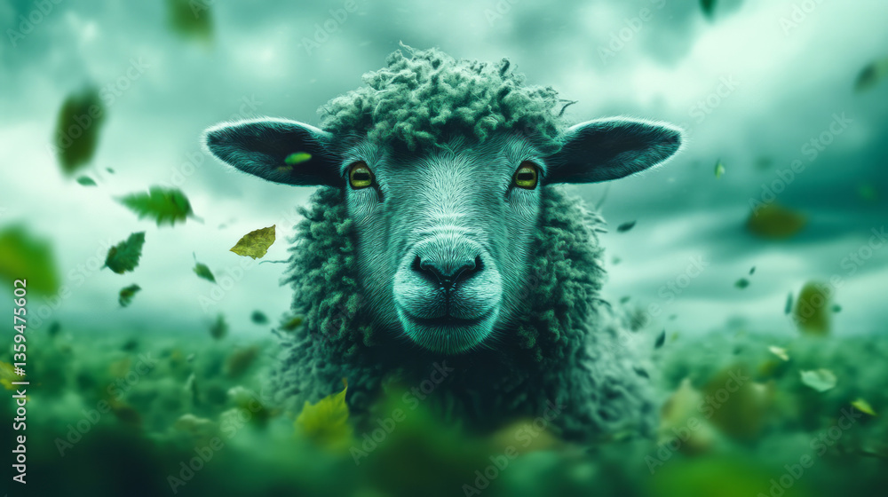Poster a surreal portrait of a sheep surrounded by floating leaves and fading fragments of its open green