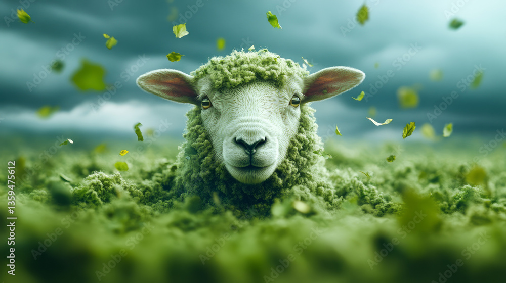 Poster a surreal portrait of a sheep surrounded by floating leaves and fading fragments of its open green