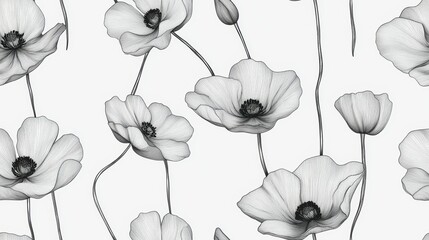 Fototapeta premium Botanical Line Art: Create a seamless botanical pattern using fine black line art to depict gray flowers, focusing on simplicity and elegance