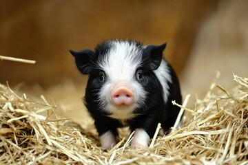 Hampshire Pig in Barn with Black and White Swine, Straw and Rural Farm Setting