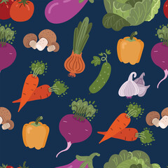 Cartoon vector illustration of a seamless vegetable pattern, featuring various hand-drawn vegetables like tomatoes, carrots, peppers, and cucumbers, symbolizing healthy eating and natural food.