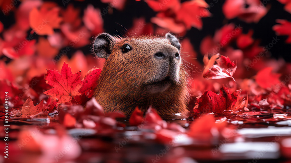 Poster a surreal portrait of a capybara surrounded by floating leaves and fading fragments of its peaceful