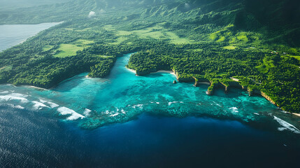 Aerial view of lush tropical island with vibrant turquoise water cliffs reefs and green vegetation Waves break along