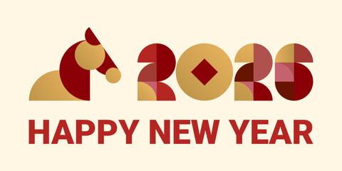 Abstract background Chinese New Year 2026. Colorful numbers and horse made of simple geometric shapes in retro style, red, yellow, gold. Notebook cover, brochure, postcard, banner, calendar. EPS10