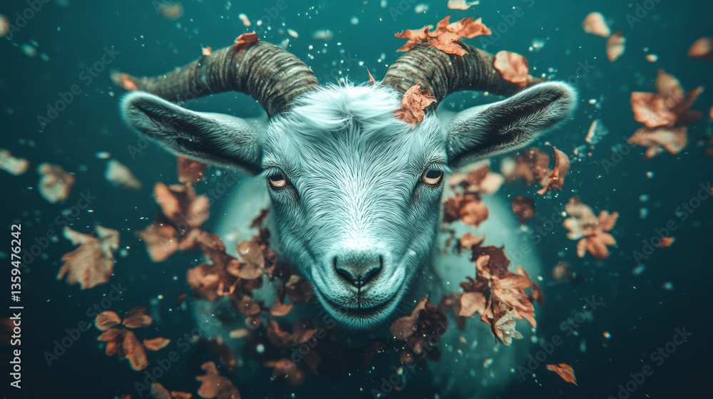 Poster a surreal portrait of a pygmy goat surrounded by floating leaves and fading fragments of its