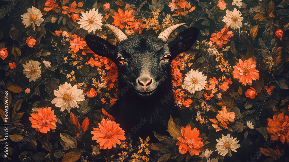 Poster a surreal portrait of a pygmy goat surrounded by floating leaves and fading fragments of its