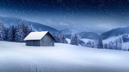 Snowy cabin in serene landscape, isolated wooden house surrounded by snow-covered trees, peaceful winter scenery, copy-space available.