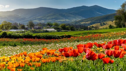 Vibrant Poppy Field Landscape  Spring Flowers  Rural Scenery  Mountain View