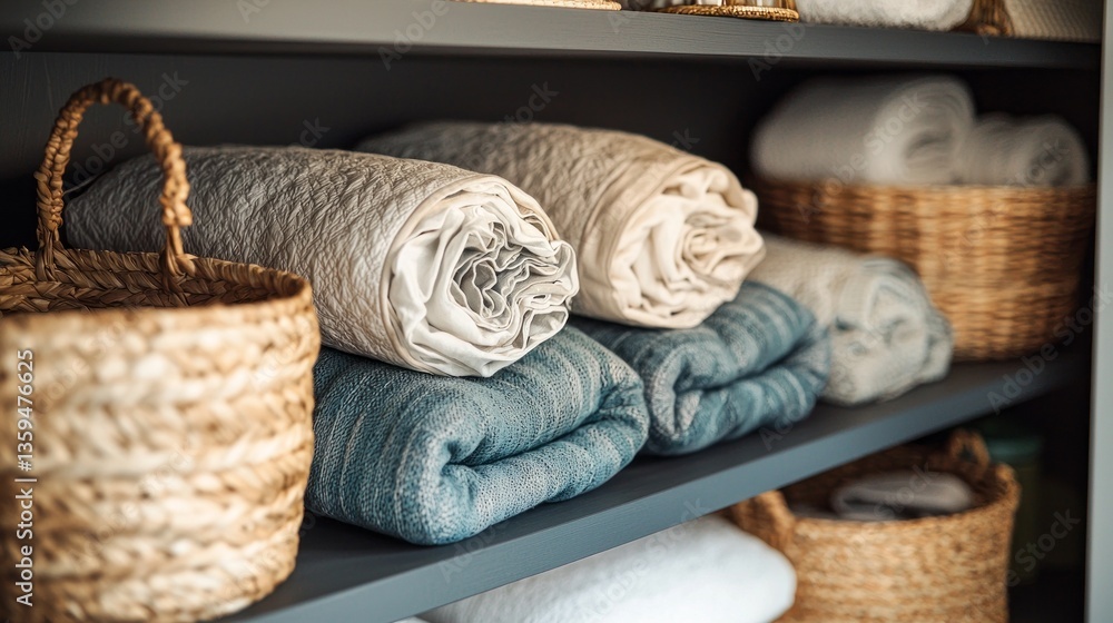 Poster soft textures of neatly rolled towels in calm hues are elegantly organized on shelves amidst woven b