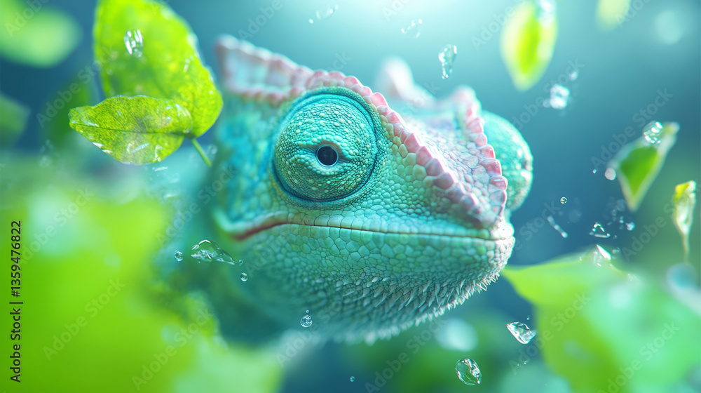 Poster a surreal portrait of a chameleon surrounded by floating leaves and fading fragments of its leafy