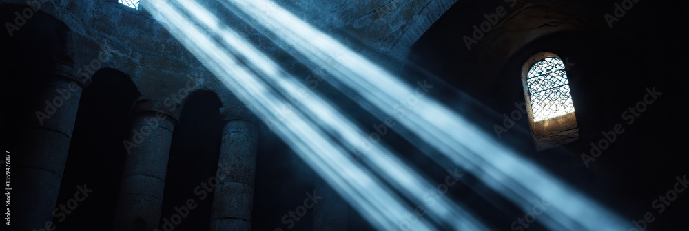 Poster sunbeams in stone chamber with columns and arched window