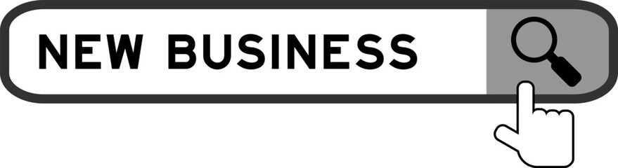 Search banner in word new business with hand over magnifier icon on white background