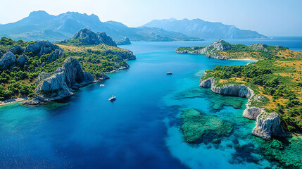 Fototapeta premium Aerial view of turquoise waters between lush rocky islands and distant mountains on a clear day featuring boats and cor