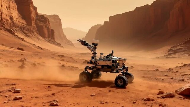  A high tech Mars rover slowly moves across the dusty, red Martian surface, its wheels kicking up fine dust. The camera follows as the rover&rsquo;s robotic arm extends, scanning nearby rocks with a lase