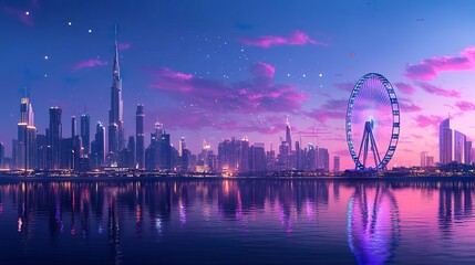 Ain Dubai (Dubai Eye) with skyline: World's largest observation wheel with the cityscape in the background, side-angle shot from the water, captured during the blue hour.  