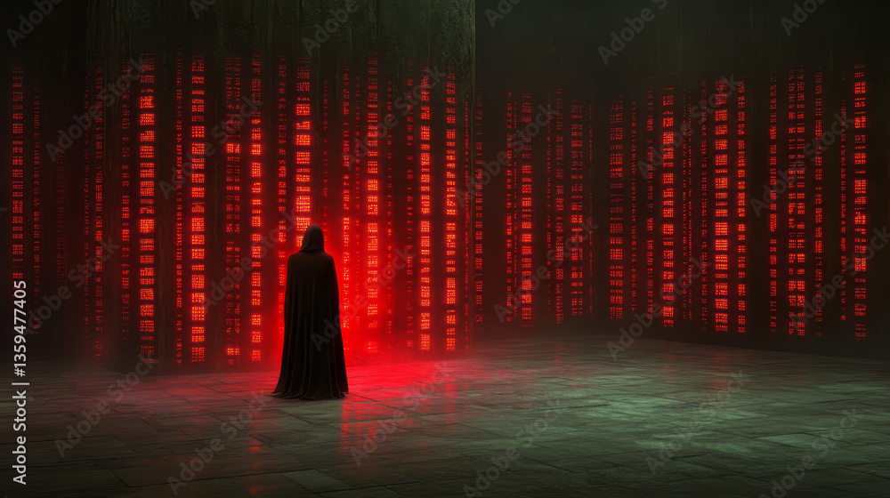 Poster A deserted cybernetic temple, where lines of neural code hover like prayer scrolls in abandoned