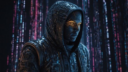 Fototapeta premium A mysterious nebulous satellite hacker, shrouded in swirling tendrils of digital code, lurks in the depths of cyberspace. This enigmatic figure, cloaked in shadows and surrounded by a halo of data