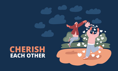 Cartoon vector illustration of a woman nurturing a man with love, pouring affection from a watering can, symbolizing care and tenderness.