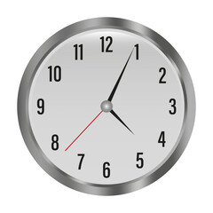 Wall clock. Silver round shape. Black hands contrast. Classic timepiece.