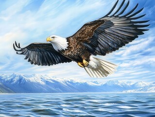 Fototapeta premium Majestic Bald Eagle Soaring Above a Scenic Mountainous Landscape and Calm Ocean