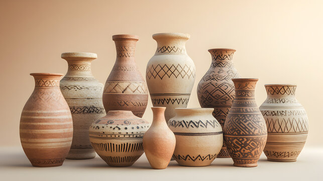 un fondo con jarrones floreros o cantaros artesanales hechos de ceramica o arcilla barro trabajo de alfareria con colores neutros 