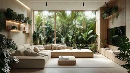 Airy living space with a modern sofa, light wood furniture, and lush greenery from various plants, creating a tranquil and harmonious environment 