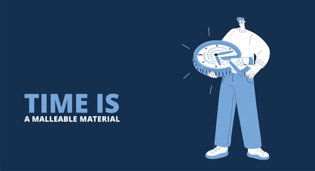 Cartoon vector illustration of a man pulling a piece from a clock, symbolizing the manipulation and distortion of time against a dark background.