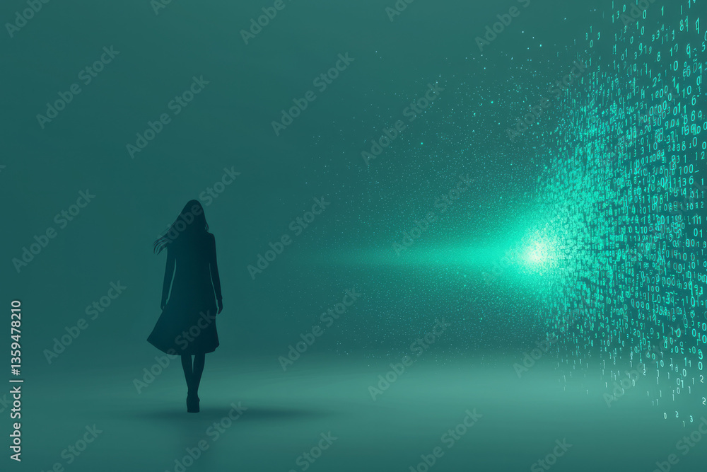 Poster a wireframe woman made of numbers walking toward a glowing anomaly, the core of what only ai