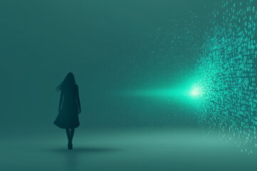 A wireframe woman made of numbers walking toward a glowing anomaly, the core of what only AI
