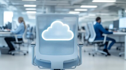 Modern office setting, diverse professionals collaborating, digital cloud concept displayed, ideal for tech discussions or presentations.